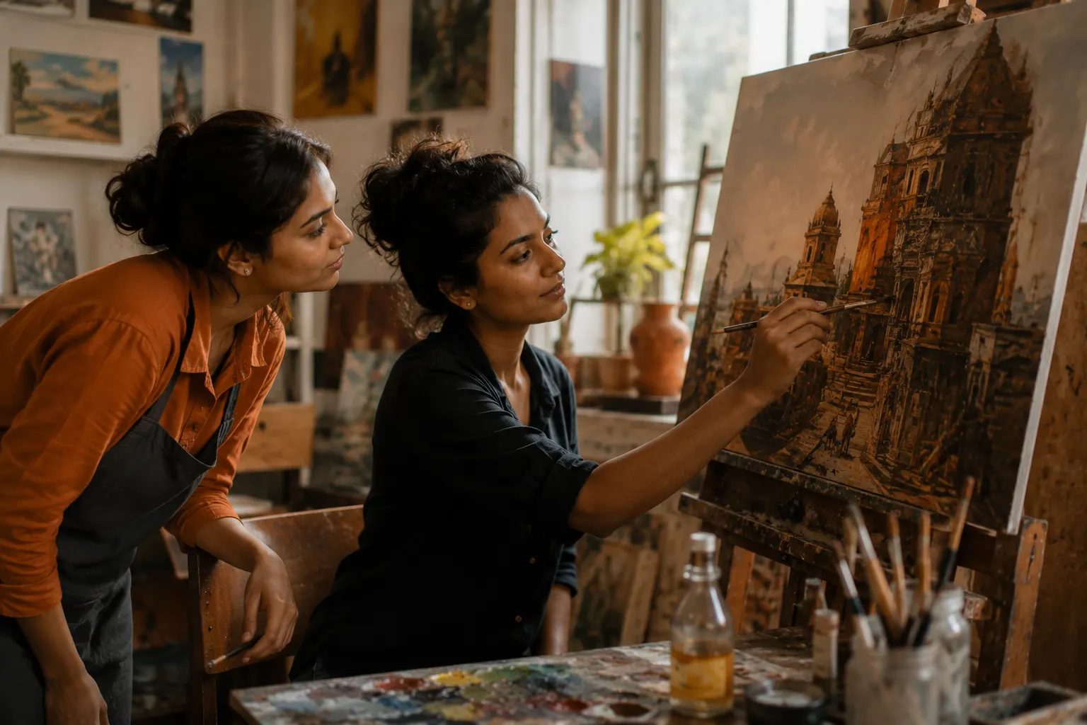 Two artists painting in a studio