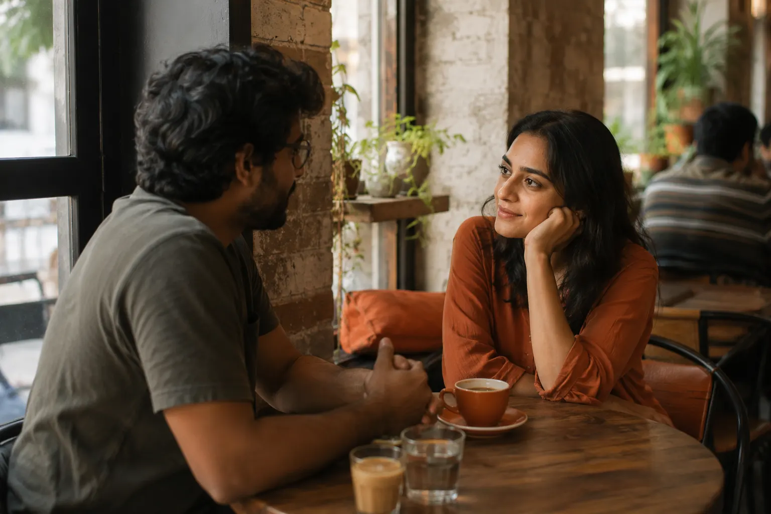 Two people in a warm coffee conversation