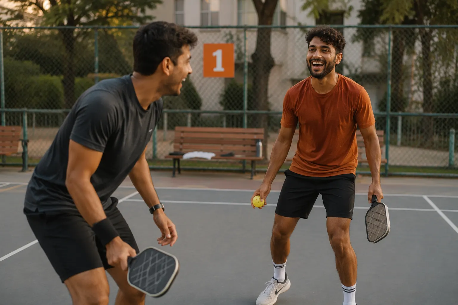 Two friends playing pickleball